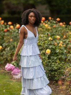 Storia Jo Blue And White Striped Ruffle Maxi