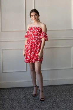 Confête Clothing SOLD OUT - Monica Off The Shoulder Red Print Dress