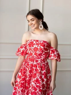 Confête Clothing SOLD OUT - Monica Off The Shoulder Red Print Dress