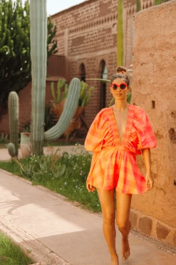 Cheap Confête Store 16 Sundress Alicia Neon Coral Gingham Romper