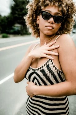 Confête Bardot Striped Crochet Mini Dress Clothing