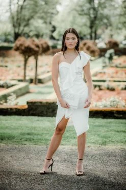 Confête Clothing Bella One Shoulder White Midi Dress