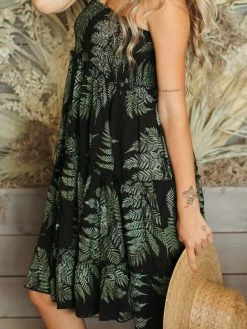 Confête Black And Green Tropical Print Strapless Dress