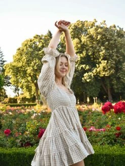 Confête Clothing Brigitte Taupe Gingham Babydoll Dress