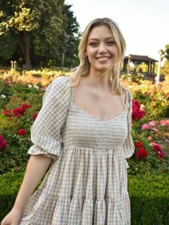 Confête Clothing Brigitte Taupe Gingham Babydoll Dress