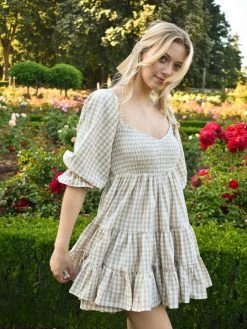 Confête Clothing Brigitte Taupe Gingham Babydoll Dress