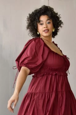 En Saison Clothing Brielle Burgundy Cotton Poplin Midi Dress