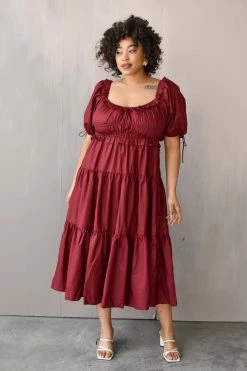 En Saison Clothing Brielle Burgundy Cotton Poplin Midi Dress