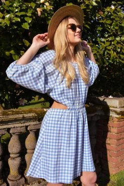 4SI3NNA Clothing Cassidy Light Blue Gingham Mini Dress