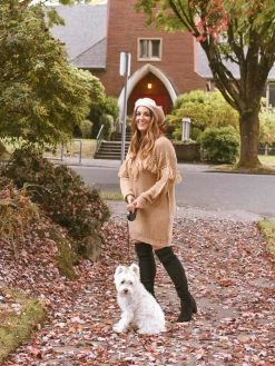 Flying Tomato Cara Camel Fringe Sweater Dress Clothing