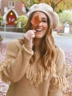 Flying Tomato Cara Camel Fringe Sweater Dress Clothing