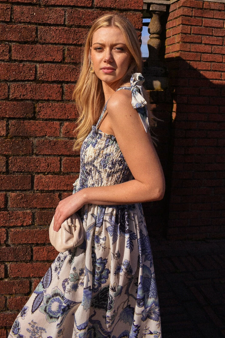 Confête Hunter Blue Floral Shoulder Tie Midi Dress 3 Confête Hunter Blue Floral Shoulder Tie Midi Dress