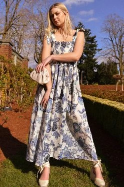 Confête Hunter Blue Floral Shoulder Tie Midi Dress