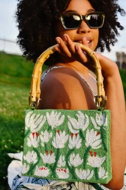 Tiana Beaded Leaf Print Bag With Bamboo Handles Accessories