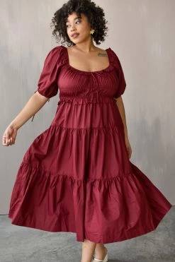 En Saison Clothing Brielle Burgundy Cotton Poplin Midi Dress