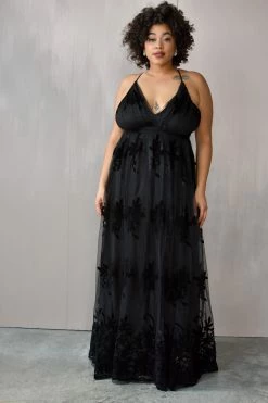 Confête Say I Do Floral Flocked Mesh Maxi Gown - Black Clothing
