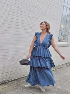 Confête Clothing Clara Ruffle Tier Maxi Dress - Blue Gray