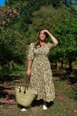 Moon River Dasha Puff Sleeve Khaki Floral Maxi Dress Clothing