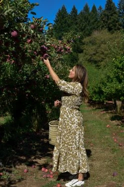 Moon River Dasha Puff Sleeve Khaki Floral Maxi Dress Clothing