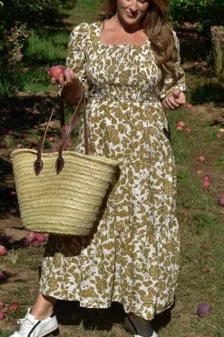 Moon River Dasha Puff Sleeve Khaki Floral Maxi Dress Clothing