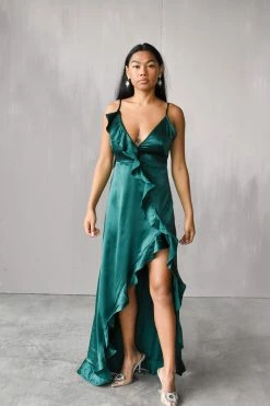 Confête Clothing Eden Silk Ruffle Slit Maxi Dress