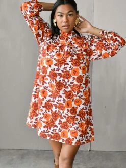 Olivia James Emma Dress In Orange Harvest Tonal Roses Clothing