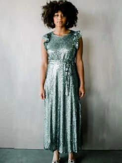 Confête Clothing Flutter Sleeve Sequin Midi Dress - Silver