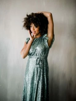 Confête Clothing Flutter Sleeve Sequin Midi Dress - Silver