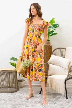 Confête Good Vibes Fruit Print Midi Dress Clothing