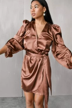 Confête Gal Satin Wrap Mini Dress - Bronze