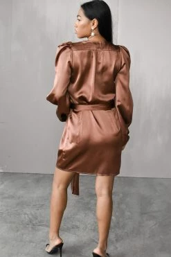 Confête Gal Satin Wrap Mini Dress - Bronze