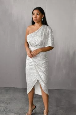 Do + Be Gemma One Shoulder Silver Midi Dress