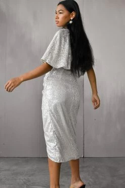 Do + Be Gemma One Shoulder Silver Midi Dress