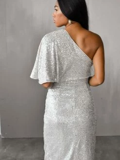 Do + Be Gemma One Shoulder Silver Midi Dress