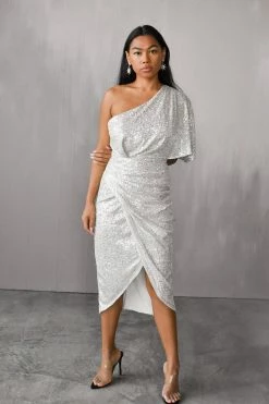 Do + Be Gemma One Shoulder Silver Midi Dress
