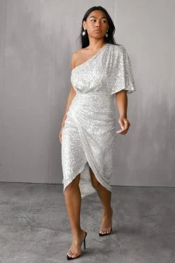 Do + Be Gemma One Shoulder Silver Midi Dress