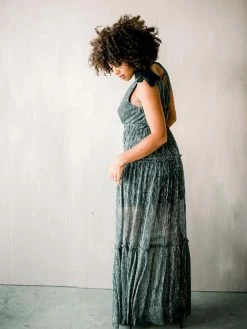 Confête Halle Shoulder Tie Deep V Maxi - Silver Clothing 9 Confête Halle Shoulder Tie Deep V Maxi - Silver Clothing