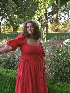 Confête Heath Puff Sleeve Midi Dress - Tomato