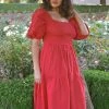 Confête Heath Puff Sleeve Midi Dress - Tomato