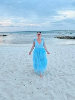 Confête Mare Tiered Blue Tulle Midi Dress Clothing