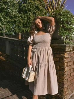 Confête Heath Puff Sleeve Midi Dress - Taupe Clothing