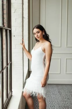 Confête Lou Lou Ivory Sequin Mini Dress With Feathers Clothing