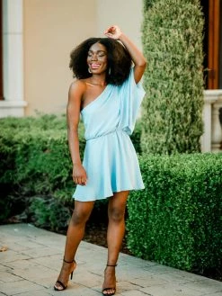 Confête Mykonos One Shoulder Blue Mini Dress