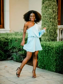 Confête Mykonos One Shoulder Blue Mini Dress