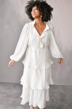 Confête Odette Ruffle Mock Neck Tiered Midi Dress - White