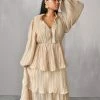 Confête Odette Ruffle Mock Neck Tiered Maxi Dress - Shimmering Taupe Clothing