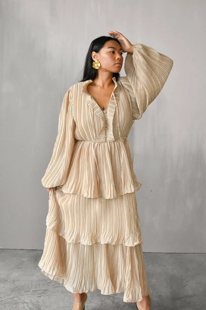 Confête Odette Ruffle Mock Neck Tiered Maxi Dress - Shimmering Taupe Clothing 3 Confête Odette Ruffle Mock Neck Tiered Maxi Dress - Shimmering Taupe Clothing