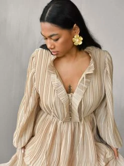 Confête Odette Ruffle Mock Neck Tiered Maxi Dress - Shimmering Taupe Clothing