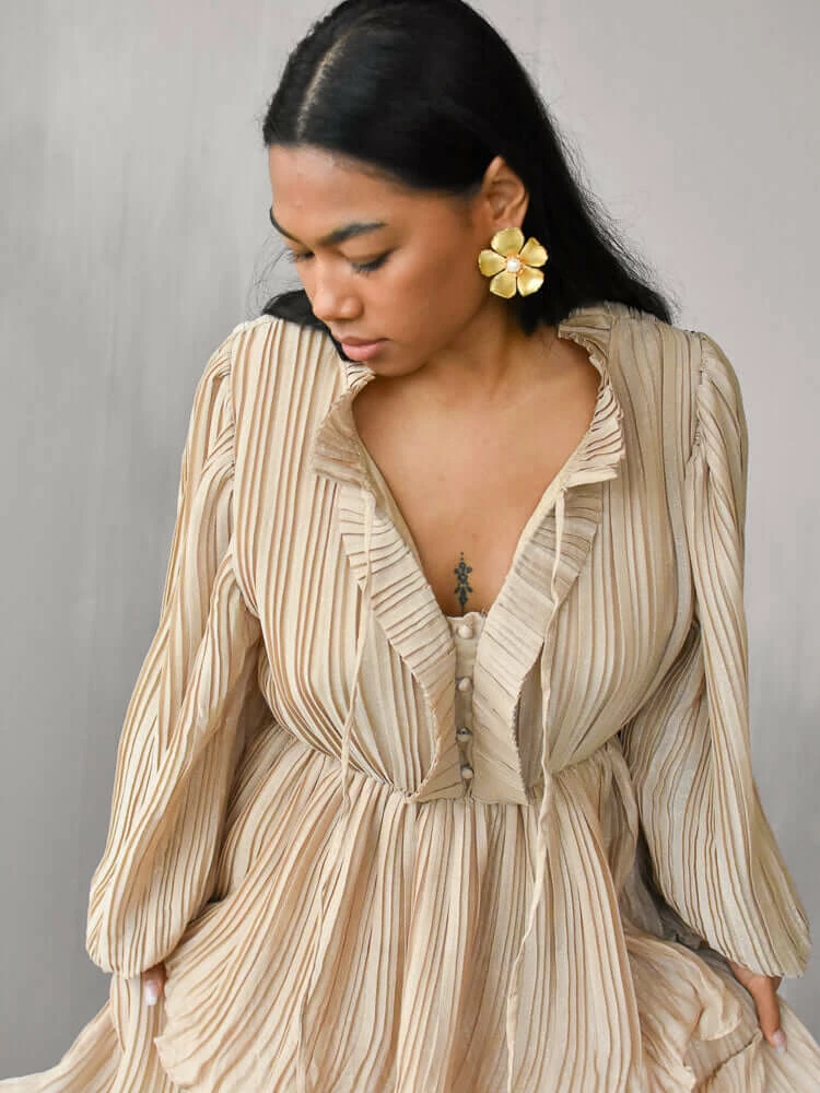 Confête Odette Ruffle Mock Neck Tiered Maxi Dress - Shimmering Taupe Clothing 4 Confête Odette Ruffle Mock Neck Tiered Maxi Dress - Shimmering Taupe Clothing