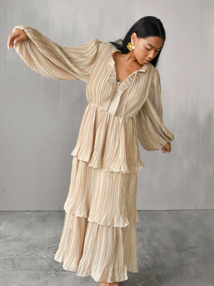 Confête Odette Ruffle Mock Neck Tiered Maxi Dress - Shimmering Taupe Clothing 5 Confête Odette Ruffle Mock Neck Tiered Maxi Dress - Shimmering Taupe Clothing